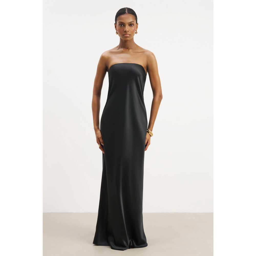 NWT BOA Because of Alice Satin Strapless Column Maxi Formal Dress Black Women XS